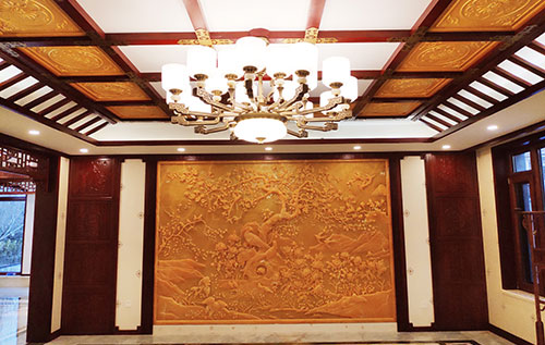 三更罗镇中式别墅客厅中式木作横梁吊顶装饰展示